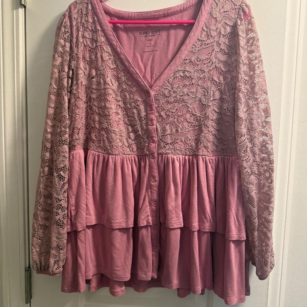 TORRID Pink Boho Lace Shirt, Long Sleeve, Size 1/1X